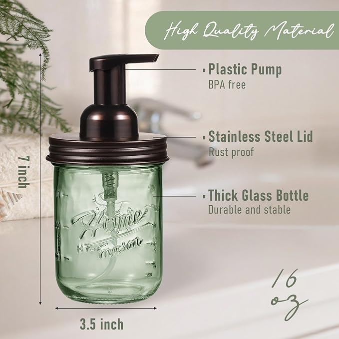 SheeChung Mason Jar Foaming Soap Dispenser, Stainless Steel Lid, BPA Free Pump, Green Glass Foam Hand Soap Dispenser, 16Oz Refillable Liquid Foam Dispenser Bottle, Bathroom Kitchen, Dish Soap-Bronze