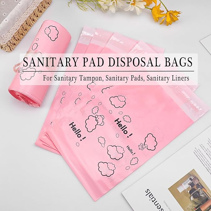Cute Pink Sanitary Pad Disposal Bags - Pack of 200, 7x12inches Opaque Feminine Hygiene Disposal Bags for Tampons, Liners