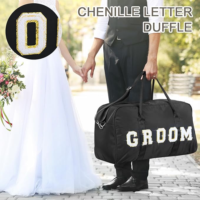 2 Pcs Wedding Weekender Bag Bride Groom Duffle Bag Chenille Letter Patch Travel for Bridal Shower Honeymoon Gift(Groom,Black)