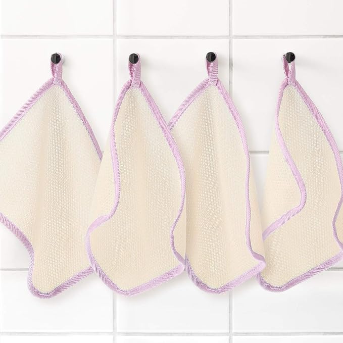 Tatuo 5 Pcs Exfoliating Face and Body Wash Cloths Towel Weave Bath Exfoliating Scrub Massage Bath Cloth for Women and Men, 10.63 x 9.05 Inch(Pink Edge)