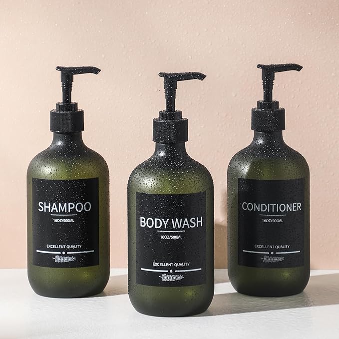 Plastic Refillable Shampoo and Conditioner Bottles with Pumps and Labels (5-Pack, Green)