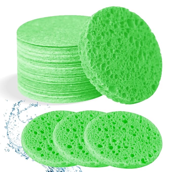 50-Count Facial Sponges Compressed Natural Cellulose Sponge Round Shape Face Sponge for Face Cleansing Exfoliating and Makeup Removal, Green