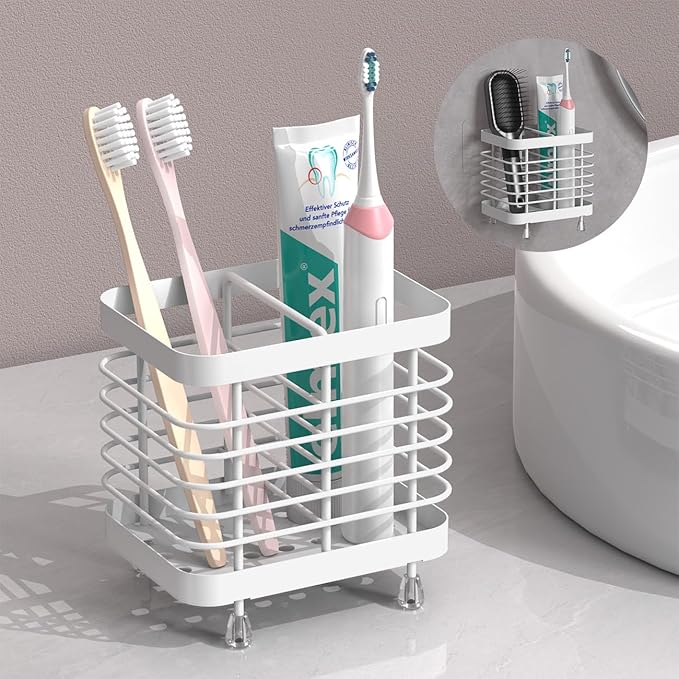 Luxspire Toothbrush Holders for Bathroom, Stainless Steel Electric Toothbrush Holder Wall Mounted, Shower Toothbrush Toothpaste Holder, Bathroom Organizer Essentials, 2 Slots, White