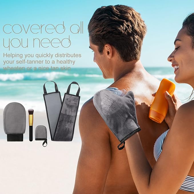 Boao 5 Pieces Self Tanning Mitt Applicator Kit, Includes Tanning Mitt, Exfoliating Glove, Mini Face Glove, Back Lotion Applicator, and Large Brush Makeup(Gray)