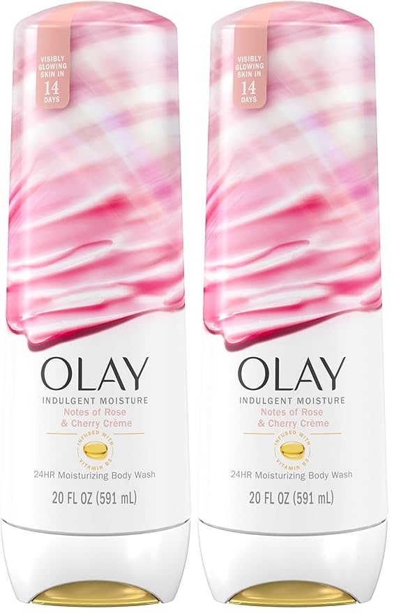 Olay Body Wash for Women,Indulgent Moisture,24hr Moisturizing & Nourishing Formula,Infused with Vitamin B3 Complex,Luxurious Fragrances,Rose & Cherry Creme Scent,20 fl oz,(Pack of 2)