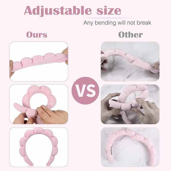 Spa Headbands, Set of 2, Terry Cloth Headband Face Wash Headband Combo Pack - Puffy Makeup Headbands for Face Washing, Mask (Dark khaki + pink)
