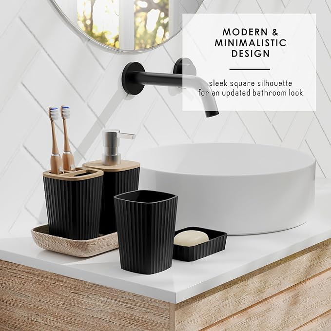 Clara Clark Bathroom Set - Black Bathroom Accessories Set, 6PC Bathroom Accessory Set, Bathroom Sets with Bathroom Rugs, Adhesive Corner Shower Caddy Hanging, Toilet Brush, Trash Can & Soap Dispenser