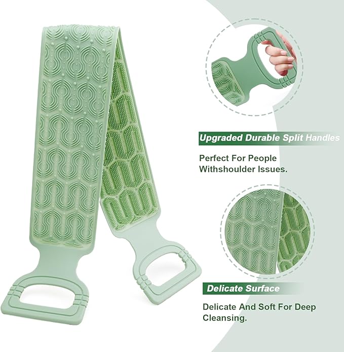 Exfoliating Back Scrubber for Shower,Double-Sided Back Scrub Washcloth Strap,Cover The Entire Back for Men Women,Silicone Back Massage Bath Brush,Exfoliate and Massage (Green)