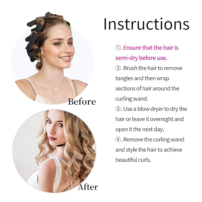 Black Satin Covered Heatless Overnight Curling Rods for Curls and Straight Short Hair - 6Pcs