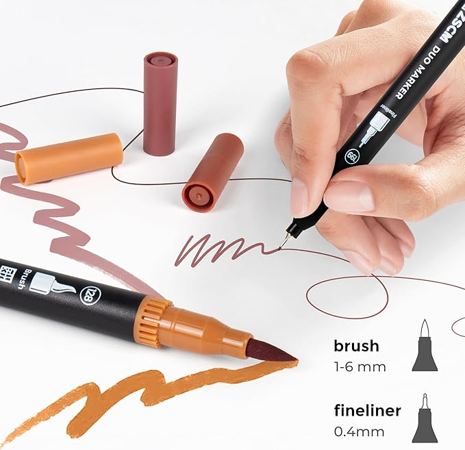 Brown Duo Tip Marker Pens, 12 Pack Fine & Brush Markers for Adult Coloring Books No Bleeding, Earth Brown Markers for Wood Texture, Animal Fur, Vintage Effects and Antique Coloring