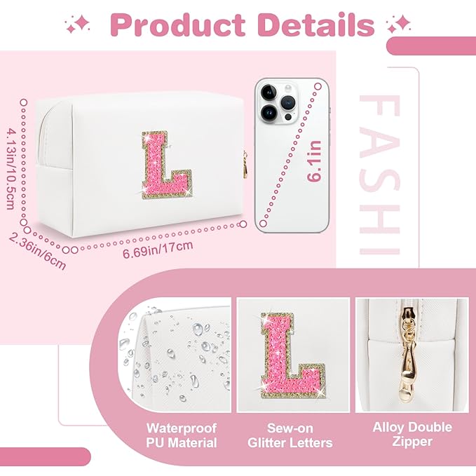 Small Personalized Initial A-Z Patch Makeup Bag,White Cute PU Leather Glitter Letter Cosmetic Bag for Teen Girls,Travel Toiletry Bag with Zipper,Preppy Monogrammed Birthday Gift for Daughter Niece L