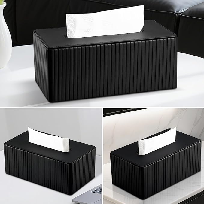 KINGFOM PU Leather Tissue Box Cover Rectangular Tissue Box Holder with Magnetic Bottom, Napkin & Facial Tissue Holder Dispenser for Home, Office for Standard 120-count/160-count (2-Ply) Black Stripe