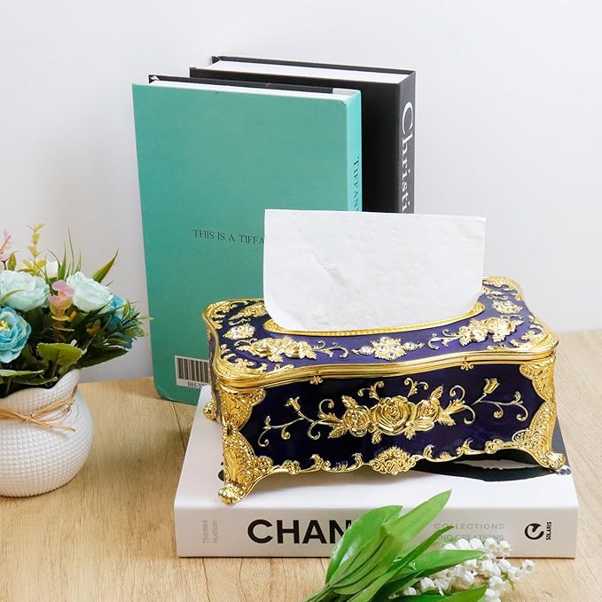 9.45"x5.43"x3.94" Luxurious Rose Tissue Box with Imitation Diamonds, Embossed Flowers, Elegant Tissue Paper Holders for Home Toilet Bath Hotel,Gold Transparent-Blue