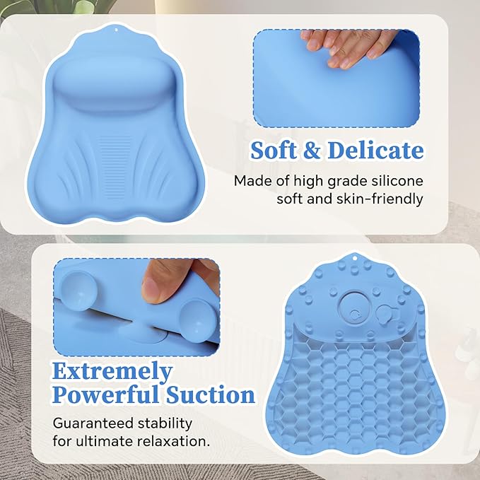Luxury Silicone Bath Pillow for Tub, New Cloud-Soft 4D Air-Cushion Bathtub Pillow for Head and Neck & Back Support, Strong Suction Cups, Waterproof Quick-Dry Bathtub Headrest (Blue)