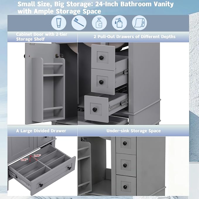 Bellemave 24" Bathroom Vanity with Sink Combo Set, Solid Wood Frame Bathroom Storage Cabinet with 3 Drawers, Soft Closing Cabinet Door with Organizer, Grey