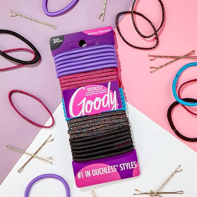 Goody Ouchless Women's Elastic Hair Ties - 30 Count, Assorted Glitter/Multi - 4MM for Medium Hair - Long-Lasting Braids, Ponytails, and More - Pain-Free Hair Accessories (Packaging May Vary)