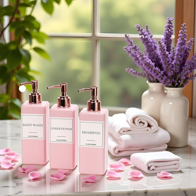 Shampoo and Conditioner Dispenser for Shower, Refillable Shampoo and Conditioner Bottles Body Wash Dispenser with Waterproof Labels, 3PCS Soap Dispenser Bathroom Pink Rose Gold Empty Pump Bottle