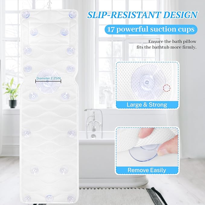 Bath Pillow for Tub with Laundry Bag & 17 Non-Slip Suction Cups, Extra Thick and Soft Bathtub Pillow for Head, Neck & Shoulder Support, 51" x 16" White