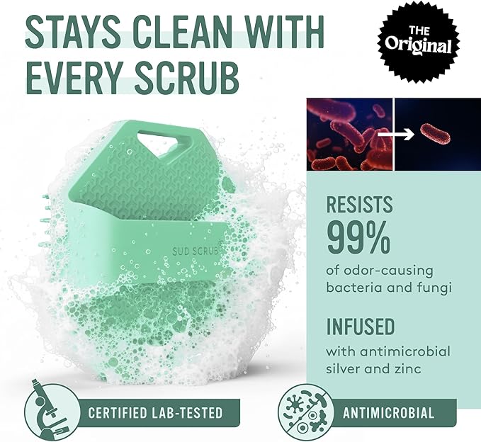 Sud Scrub® Antimicrobial Silicone Body Scrubber, Exfoliating Body Scrubber for Sensitive Skin, Eco Friendly Shower Scrubber for Body, Silicone Body Brush for Showering, Mint