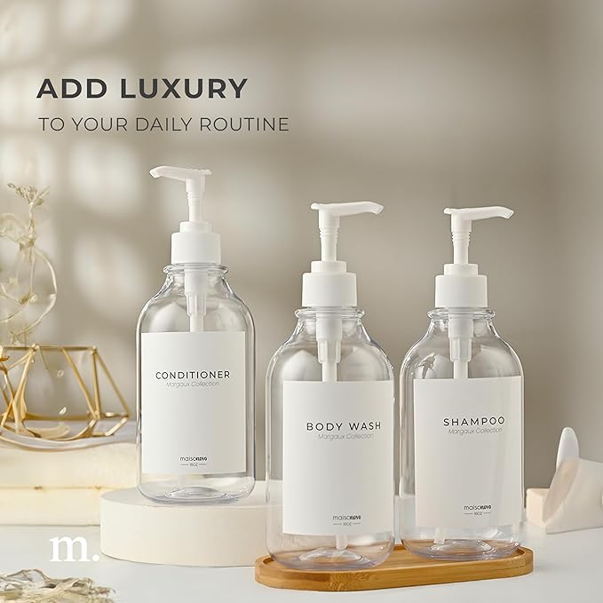 MaisoNovo Refillable Shampoo and Conditioner Bottles - 16.9 fl oz Set of 3 Clear Plastic Bottles White Pumps