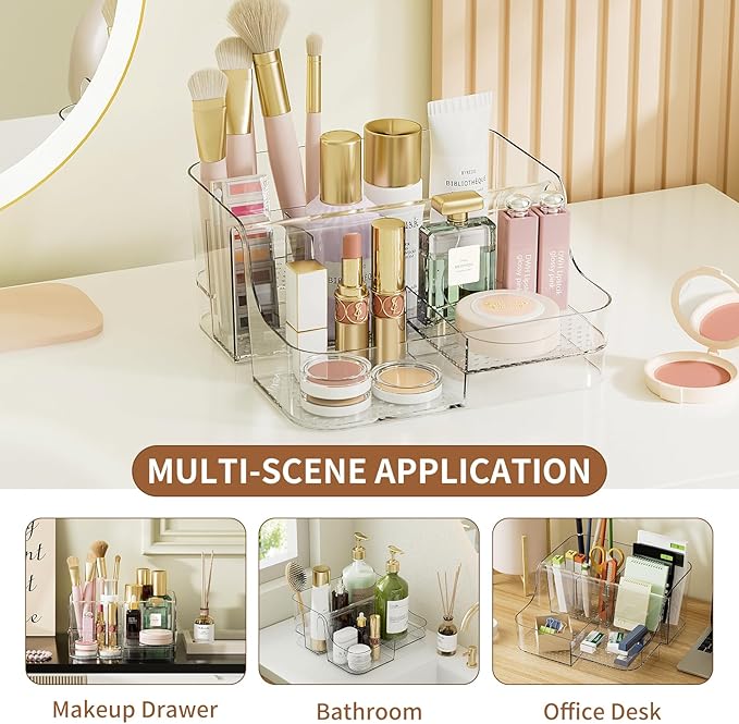 Clear Makeup Organizer Countertop – 6 Compartments Cosmetic, Jewelry, Skincare & Perfume Organizer, Vanity and Bathroom Counter Organizer, Multi-Use Makeup Brush Holder