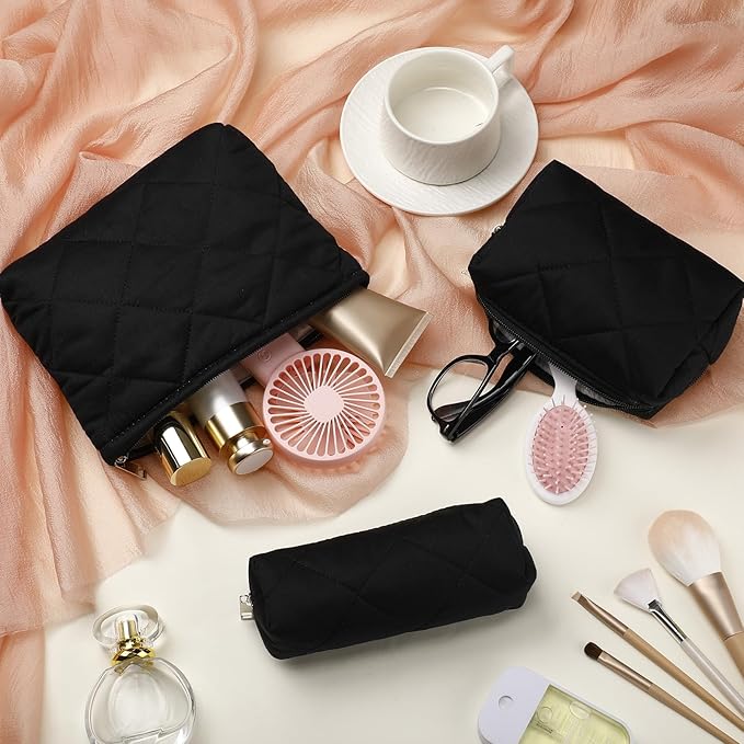 Paterr 3 Pcs Quilted Makeup Bag Set Small Bridesmaid Cosmetic Bag Aesthetic Travel Toiletry Pouch Cute Purse Pencil Case Makeup Storage Organizer for Women Birthday Gifts(Cotton,Black)