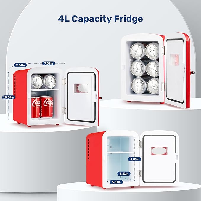YSSOA Mini Fridge with Observation Window 4-Liter Six 12 oz Cans Portable Warmer & Cooler Compact Refrigerator, 100% Eco Friendly and Freon-Free, Red