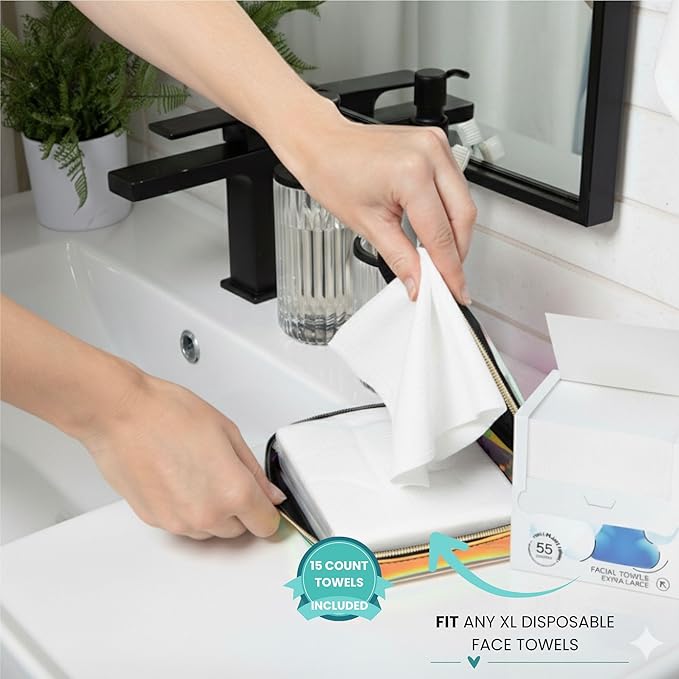 Disposable Face Towel Travel Case with 15 Count XL Refillable Towels – Slim, Lightweight, Waterproof, Transparent Skincare Organizer for Women, Moms, Gym, Camping, and Travel – Visfresh