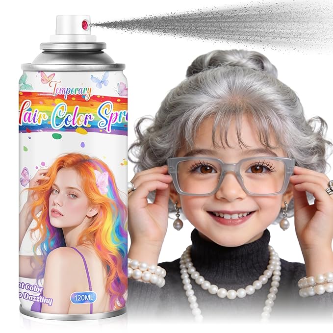 Grey Temporary Hair Color Spray for Women- Washable Root Touch Up Hair Dye 1-Day colored for girls, Non-Sticky Hair Wax for Christmas,Parties (120ML, Grey)