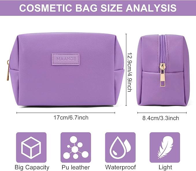 MAANGE Small Makeup Bag For Purse, Travel Cosmetic Bag Makeup Pouch PU Leather Portable Versatile Zipper Pouch For Women (Purple)