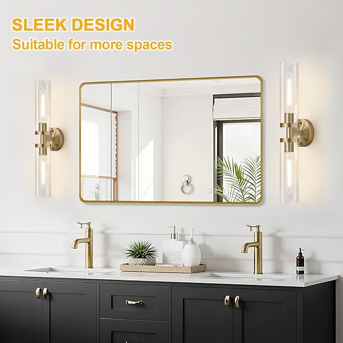 Brass Wall Sconces, Hardwired Bathroom Sconces Wall Lighting with Clear Glass, Modern Bathroom Vanity Lights fixtures for Mirror Bedroom Living Room Hallway Kitchen
