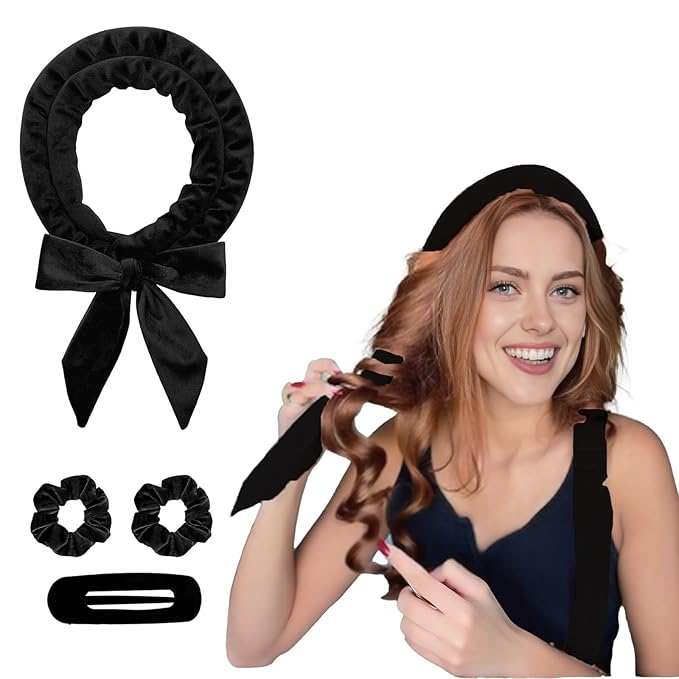 Heatless Curling Rod Set, 58inch Hair Curler Headband for Overnight Curls with 2Pcs Scrunchies and 1Pc Clip (Black)