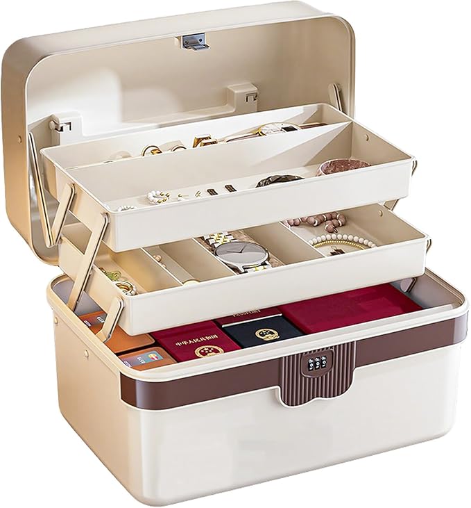 3-Layer Plastic Tackle Lock Box Organizers Storage, Portable Folding Sewing Box with Handle Dividers, Multipurpose Case for Sewing, Art Supplies, Medicine Lock Boxes, Tools Lock Organizer