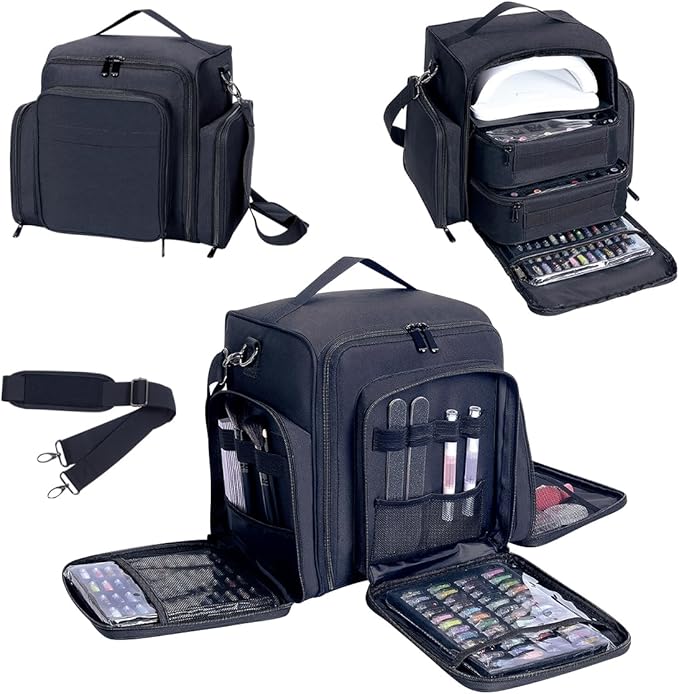 Nail Polish Organizer Holds 60 Bottles and a Nail Lamp,Portable Travel Case with 2 Removable Bags and Tools Storage Pockets Black
