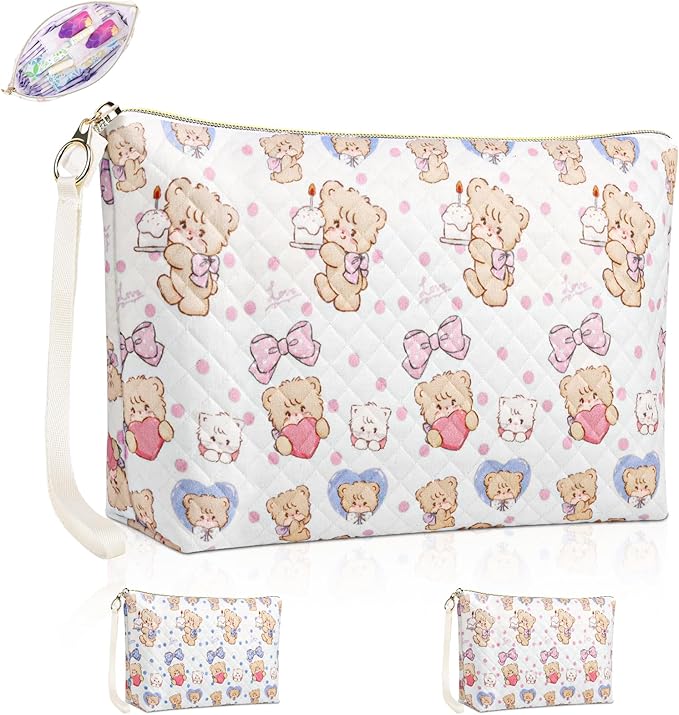 Period Bag for Teen Girls, Quilted Sanitary Napkin Storage Bag, Cute Bears Menstrual Pad Pouch Tampon Holder (Large-Pink)