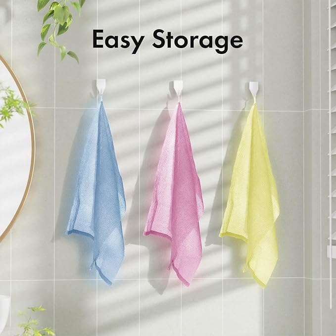 Exfoliating Washcloth, Nylon Bath Towel Body Scrubber with Hanging Strap, Back Scrubber for Shower Japanese Washcloth Loofah - Deep Clean & Rich Lather (Blue & Rose Red & Yellow, Pack of 3)