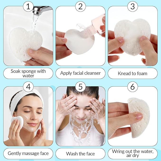 50-Count Heart Compressed Facial Sponges for Daily Cleansing and Gentle Exfoliating, 100% Natural Cellulose Spa Sponge Perfect for Removing Dead Skin, Dirt and Makeup (White)