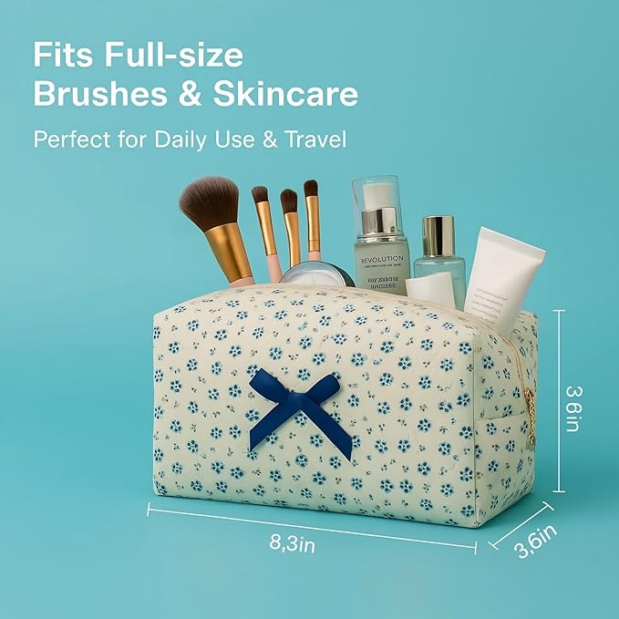 Floral Quilted Cotton Makeup Bag for Women, Large Capacity Travel Cosmetic Pouch with Zipper, Cute Toiletry & Brush Organizer, Kawaii Makeup Storage Case – Navy Floral