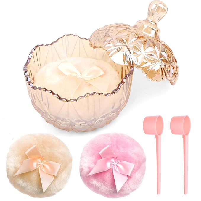 Coolrunner 5PCS Body Powder Puff and Container, Crystal Clear Powder Container with Powder Spoon, Dusting Powder with Puff for Women, Washable Reusable (Amber)