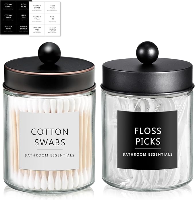 SheeChung 2-Pack Qtip Holder Dispenser-Glass Apothecary Jars with Rust-Proof Stainless Steel Lids-Modern Rustic Bathroom Vanity Organizer for Cotton Swabs, Balls, Pads(Black&Oil Rubbed Bronze)