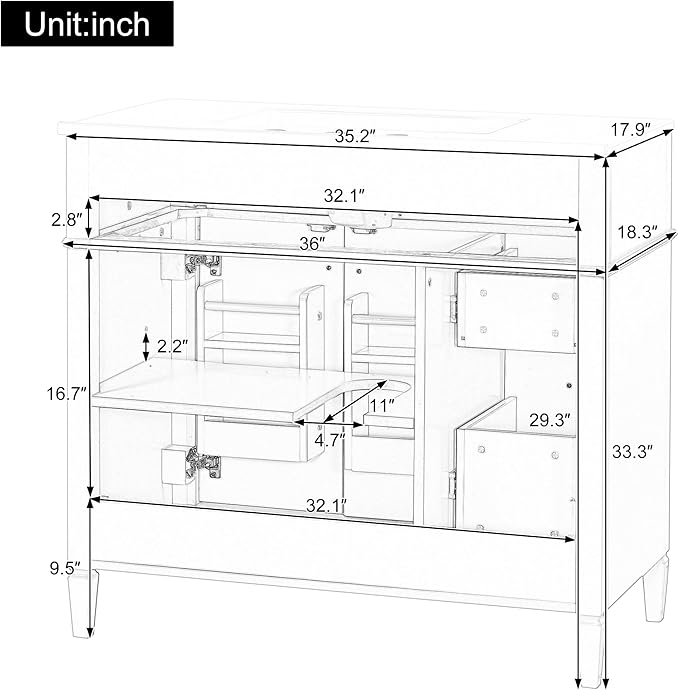Harper & Bright Designs 36" Bathroom Vanity with Sink, Free Standing Single Basin Vanity Set with Tip-Out Drawer, 2 Drawers, and 2 Doors, Wood Bathroom Cabinet with Ceramic Basin for Bathroom, White