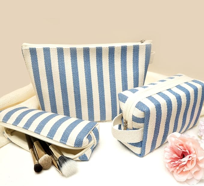 3 Pcs Makeup Bag Set Striped Canvas Purse Cosmetic Bag For Women Travel Toiletry Pouch Organizer pencil case (Blue-White)