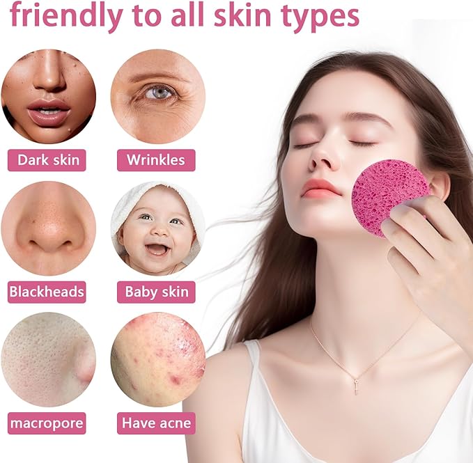 50-Count Large Compressed Facial Sponges for Estheticians,Daily Cleansing and Gentle Exfoliating- 100% Natural Cellulose Spa Sponge Perfect for Removing Dead Skin,Dirt and Makeup(Round 2.95",Pink)