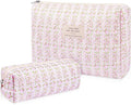 2PC Makeup Bag Set, Cute Cosmetic Bag for Women Girls, Floral Coquette Aesthetic Toiletry Bag, Travel Make Up Organizer Bag (Pink Floral)