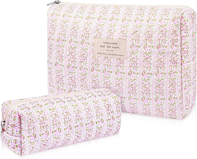 2PC Makeup Bag Set, Cute Cosmetic Bag for Women Girls, Floral Coquette Aesthetic Toiletry Bag, Travel Make Up Organizer Bag (Pink Floral)