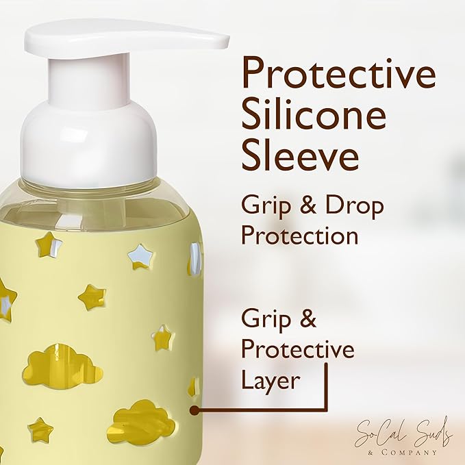 SoCal Suds & Company Foaming Hand Soap Dispenser Glass, Liquid Soap Pump with Cloud & Star Sleeve, Refillable Bottle for Kids, Baby Wash & Shampoo, Ideal for Bathroom & Kitchen Use, Light Yellow, 8oz