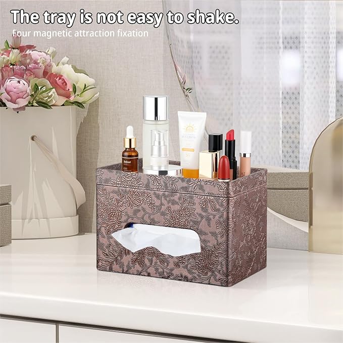 YAPISHI Large Tissue Box Cover Rectangle with Tray Storage, PU Leather Facial Tissue Holder, Fits 230-Count Family Size Kleenex, Modern Nightstand Organizer for Bathroom Office Home Decor