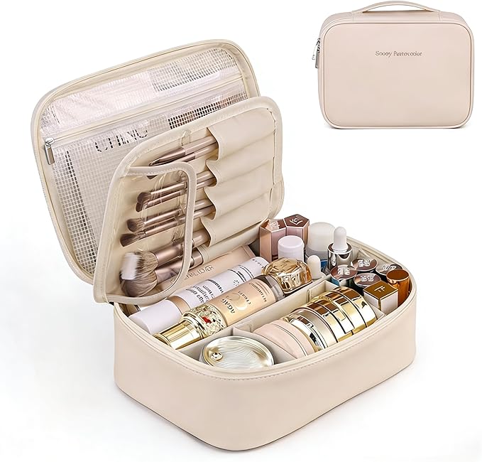 Waterproof portable makeup bag, large capacity travel makeup box storage bag, women's grooming bag with handle and partition