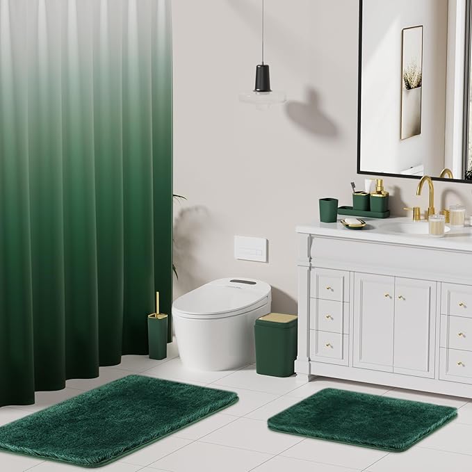 Bathroom Set - Dark Green Bathroom Sets with Shower Curtain and Rugs, 24PCS Shower Curtain Set with Hooks, Soap Dispenser, Soap Dish, Toilet Brush Holder and Trash Can for Housewarming