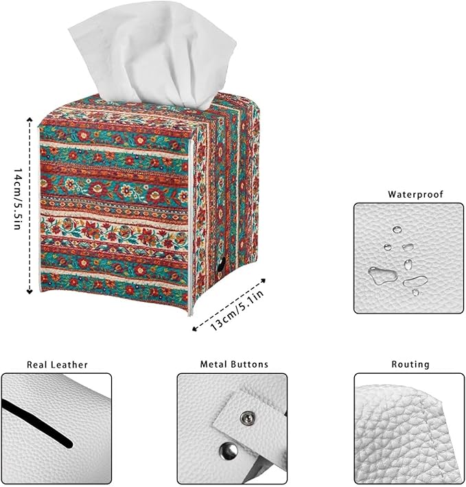 Brown Aztec Tissue Box Holder Waterproof PU Leather Square Modern Tissue Box Cover with Metal Button Napkin Holder for Home Office Car